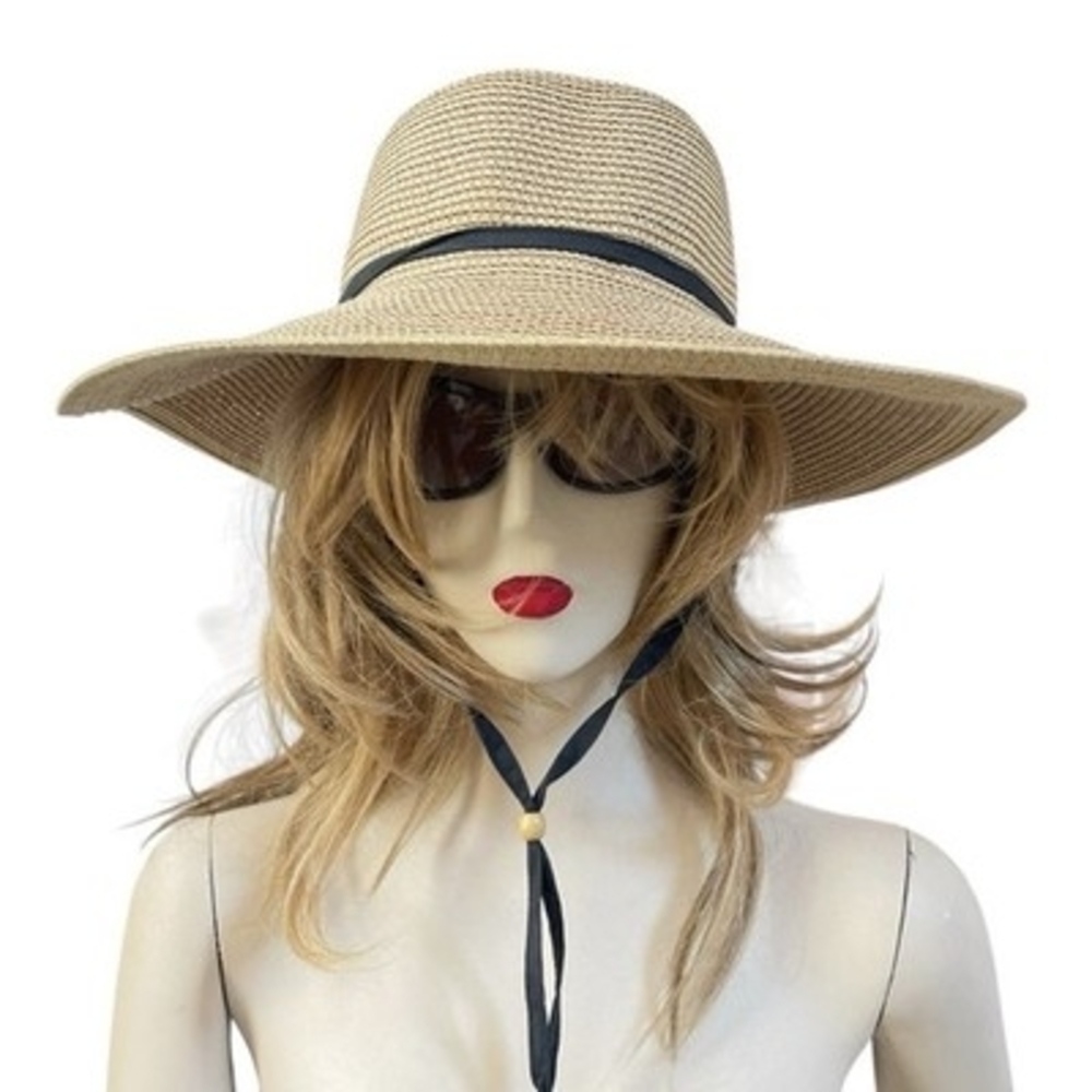 Smith & Hawken Wide Brim Straw Sun Hat Black Ribbon Chin Cord Natural Tan VG - Picture 5 of 10